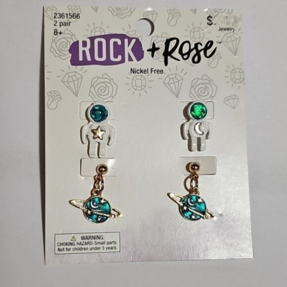 Rock + Rose 2 Pair of Earrings Planet, Astronaut Nickel Free New - Picture 7 of 9